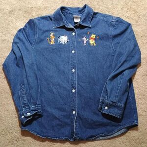 VINTAGE Disney Winnie the Pooh Denim Women's Button Up Shirt M Embroidered